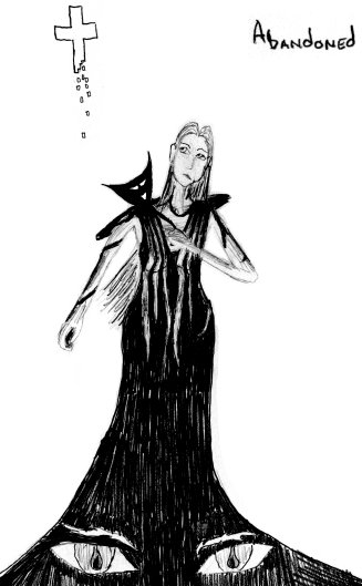 [Girl wearing a demon looking at a crumbling cross]