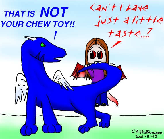 [Chibi vamp tries to bite dragon tail]