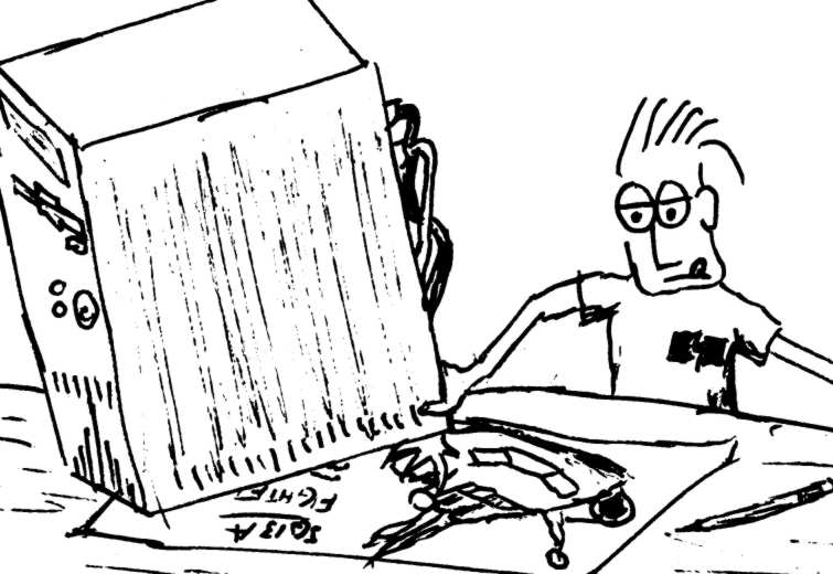 [Guy rubbing a computer against the paper to erase]