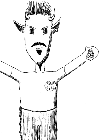 [Chibi Demon holding some keys and wearing a 'SADF J;KL' shirt]